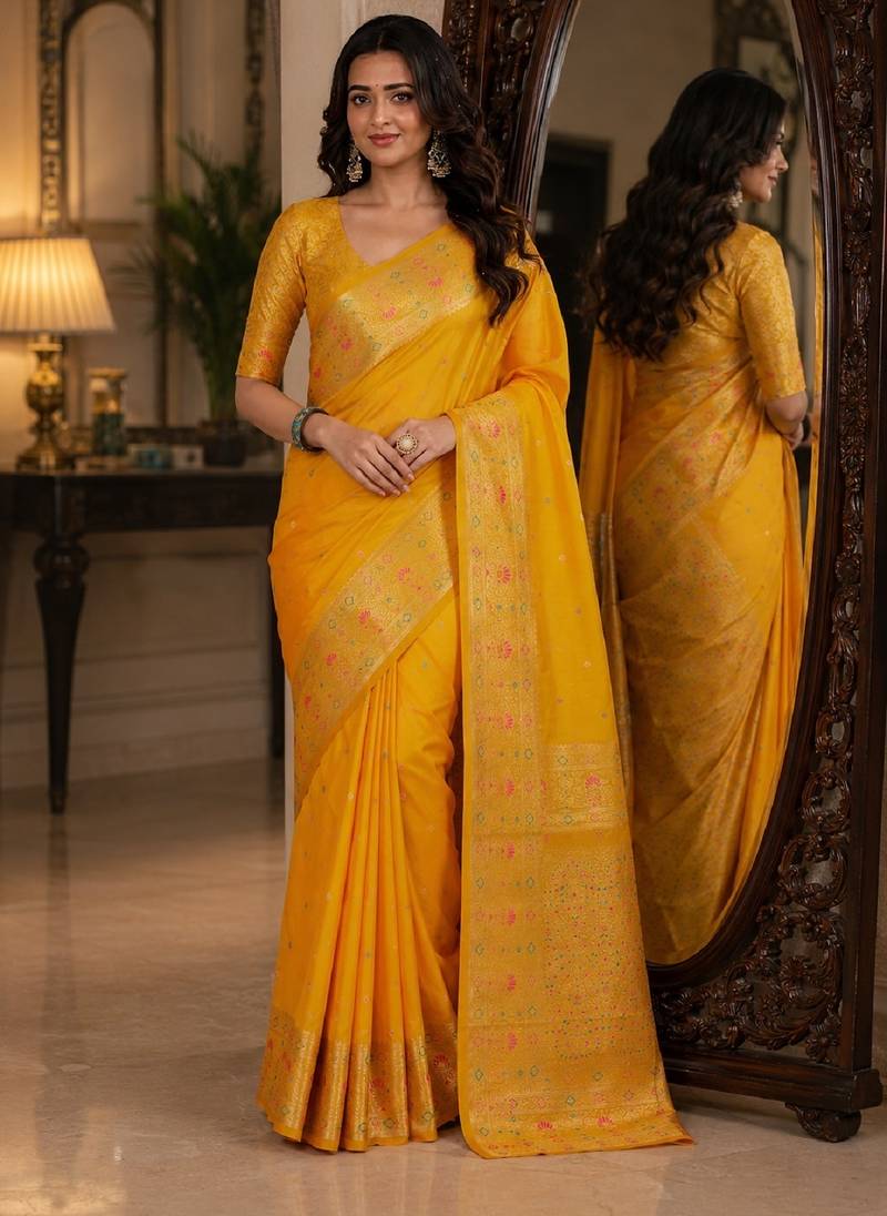 Yelllow soft silk blend banarasi jacuard work festive saree with unstitched blouse piece