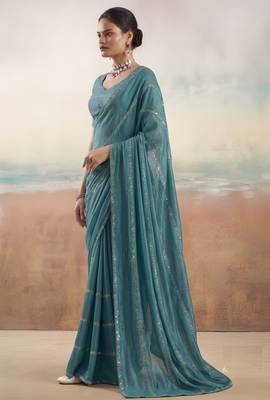 Rama color smart floral embroidered chiffon fabric graceful rich looks saree 3