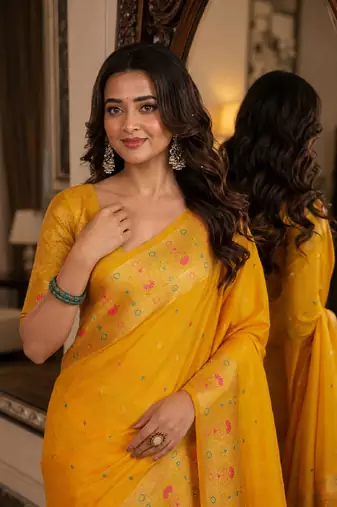 Yelllow soft silk blend banarasi jacuard work festive saree with unstitched blouse piece