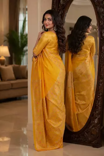Yelllow soft silk blend banarasi jacuard work festive saree with unstitched blouse piece