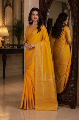 Yelllow soft silk blend banarasi jacuard work festive saree with unstitched blouse piece 4