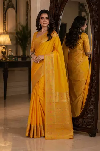 Yelllow soft silk blend banarasi jacuard work festive saree with unstitched blouse piece