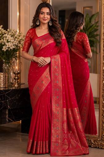 Pink soft silk blend banarasi jacuard work festive saree with unstitched blouse piece