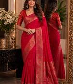 Pink soft silk blend banarasi jacuard work festive saree with unstitched blouse piece