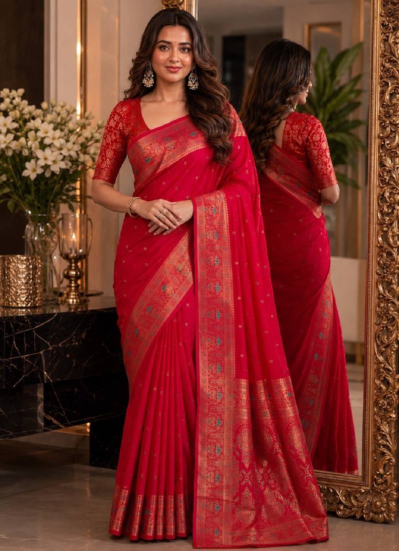 Pink soft silk blend banarasi jacuard work festive saree with unstitched blouse piece