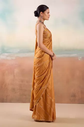 Rust color smart floral embroidered chiffon fabric graceful rich looks saree