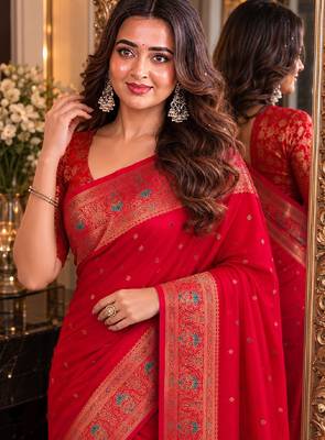 Pink soft silk blend banarasi jacuard work festive saree with unstitched blouse piece 2