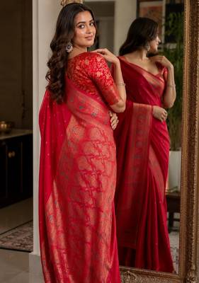Pink soft silk blend banarasi jacuard work festive saree with unstitched blouse piece 3