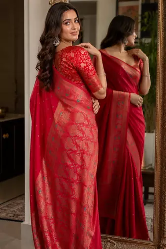 Pink soft silk blend banarasi jacuard work festive saree with unstitched blouse piece