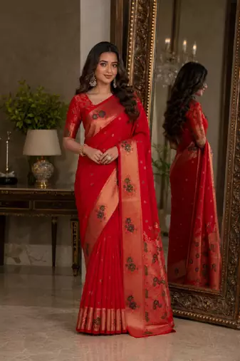 Red soft silk blend banarasi jacuard work festive saree with unstitched blouse piece