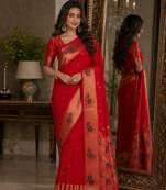Red soft silk blend banarasi jacuard work festive saree with unstitched blouse piece