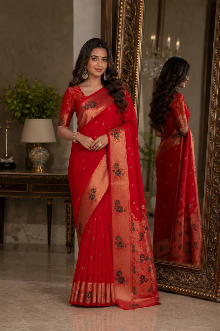 Red soft silk blend banarasi jacuard work festive saree with unstitched blouse piece