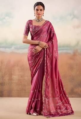 Wine color smart floral embroidered chiffon fabric graceful rich looks saree 1