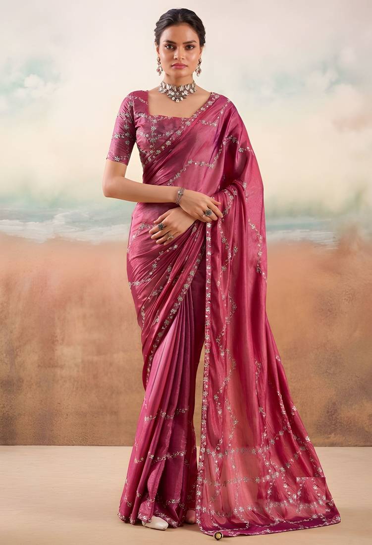 Wine color smart floral embroidered chiffon fabric graceful rich looks saree