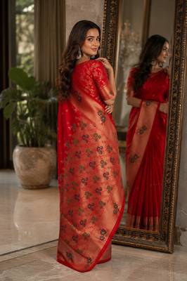 Red soft silk blend banarasi jacuard work festive saree with unstitched blouse piece 3