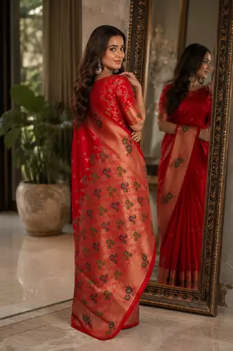 Red soft silk blend banarasi jacuard work festive saree with unstitched blouse piece