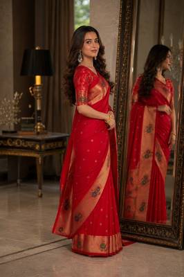 Red soft silk blend banarasi jacuard work festive saree with unstitched blouse piece 4