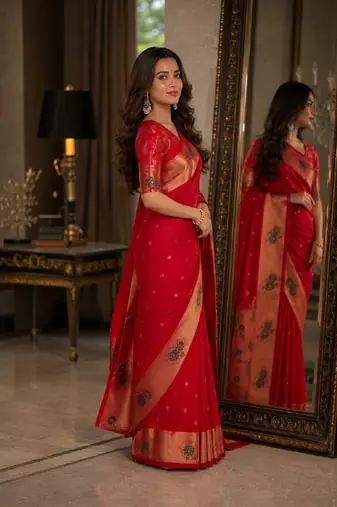 Red soft silk blend banarasi jacuard work festive saree with unstitched blouse piece