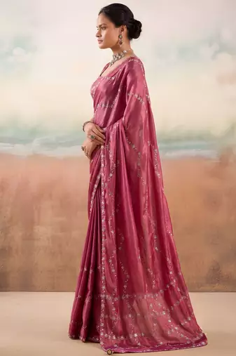 Wine color smart floral embroidered chiffon fabric graceful rich looks saree