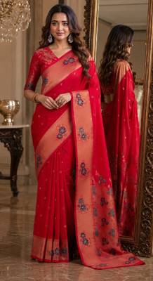 Pink soft silk blend banarasi jacuard work festive saree with unstitched blouse piece 1