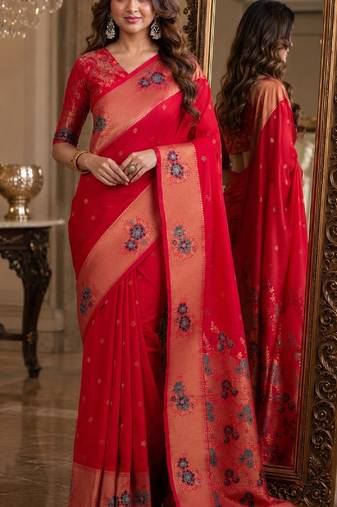 Pink soft silk blend banarasi jacuard work festive saree with unstitched blouse piece