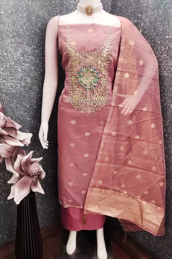 embroidered shimmer unstitched dress material with mirror work yoke