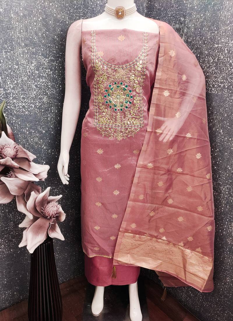  embroidered shimmer unstitched dress material with mirror work yoke