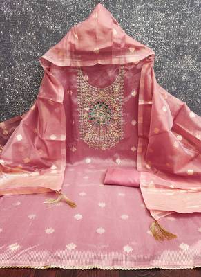  embroidered shimmer unstitched dress material with mirror work yoke 3