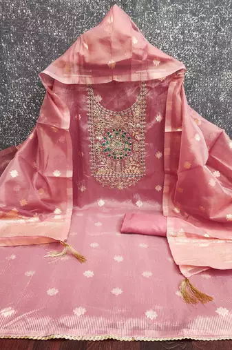  embroidered shimmer unstitched dress material with mirror work yoke