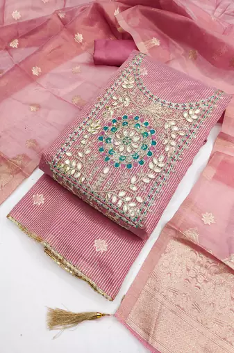  embroidered shimmer unstitched dress material with mirror work yoke