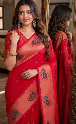 Pink soft silk blend banarasi jacuard work festive saree with unstitched blouse piece 2