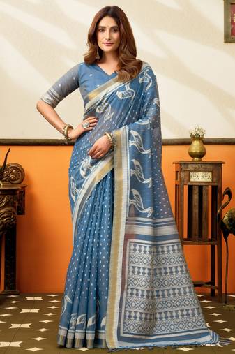 blue smart cotton blend based sophisticated woven jacquard designer saree
