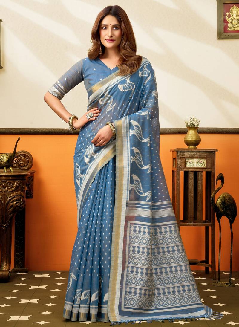 blue smart cotton blend based sophisticated woven jacquard designer saree
