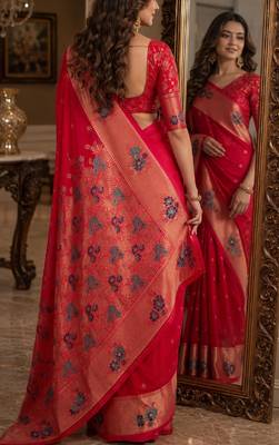 Pink soft silk blend banarasi jacuard work festive saree with unstitched blouse piece 3