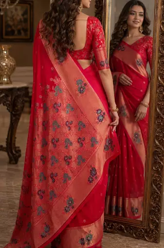 Pink soft silk blend banarasi jacuard work festive saree with unstitched blouse piece