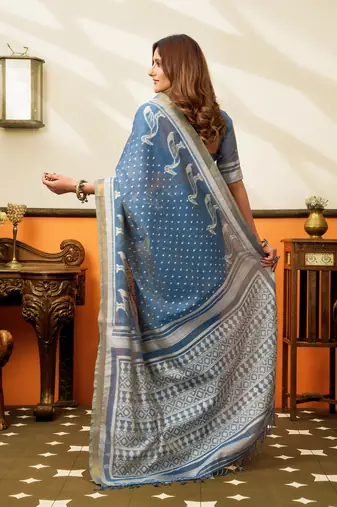 blue smart cotton blend based sophisticated woven jacquard designer saree