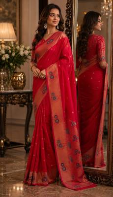 Pink soft silk blend banarasi jacuard work festive saree with unstitched blouse piece 4