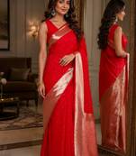 Red soft silk blend banarasi jacuard work festive saree with unstitched blouse piece