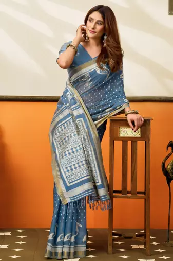 blue smart cotton blend based sophisticated woven jacquard designer saree