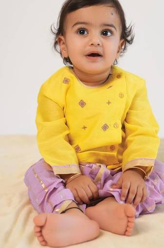 Yellow embroidered chanderi silk dhoti kurta set