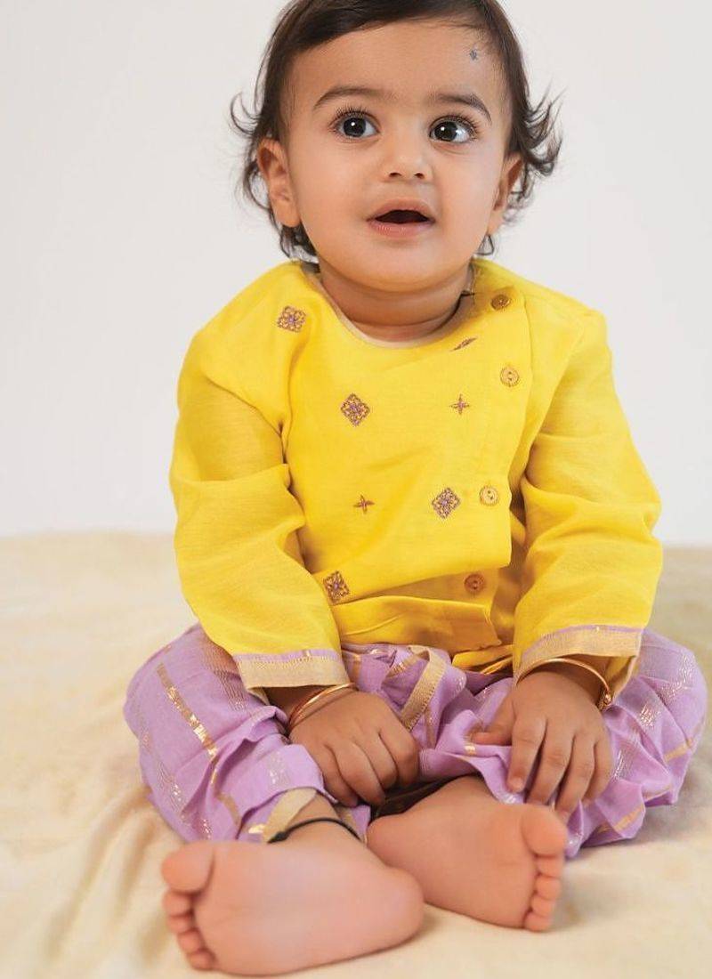 Yellow embroidered chanderi silk dhoti kurta set