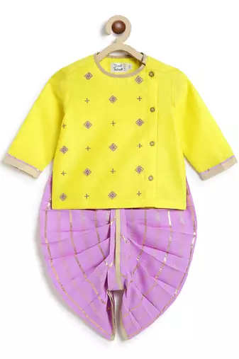 Yellow embroidered chanderi silk dhoti kurta set