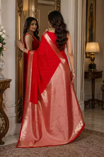Red soft silk blend banarasi jacuard work festive saree with unstitched blouse piece