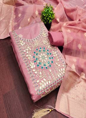  embroidered shimmer unstitched dress material with mirror work yoke 5