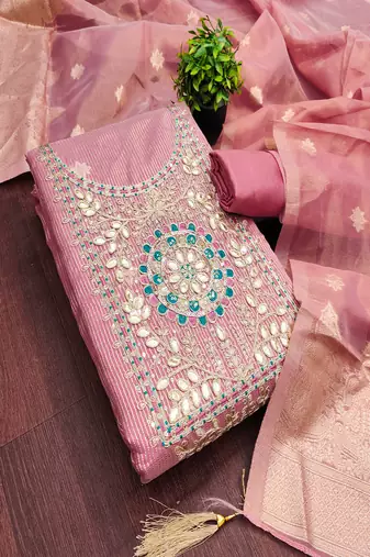  embroidered shimmer unstitched dress material with mirror work yoke