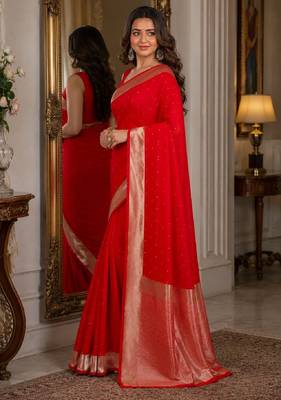 Red soft silk blend banarasi jacuard work festive saree with unstitched blouse piece 4