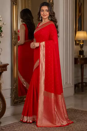 Red soft silk blend banarasi jacuard work festive saree with unstitched blouse piece