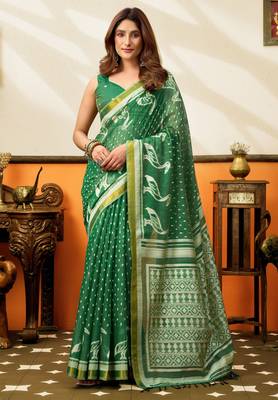 green smart cotton blend based sophisticated woven jacquard designer saree 1