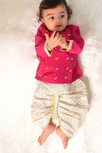 Pink embroidered viscose dhoti kurta set