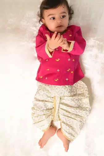 Pink embroidered viscose dhoti kurta set
